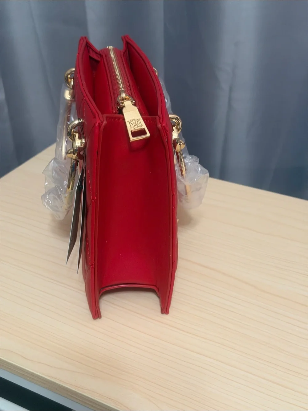 Badgley Mischka Red Quilted Satchel with Gold Accents